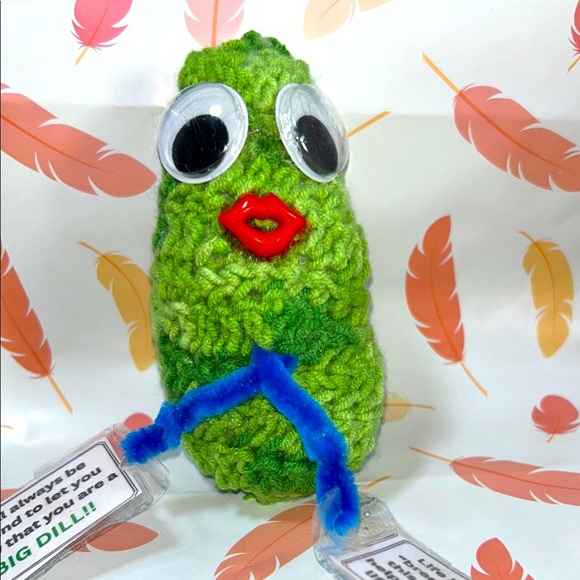 Green handmade crocheted Pickle Plush with Red Lips. Emotional support pickle. - Picture 1 of 6